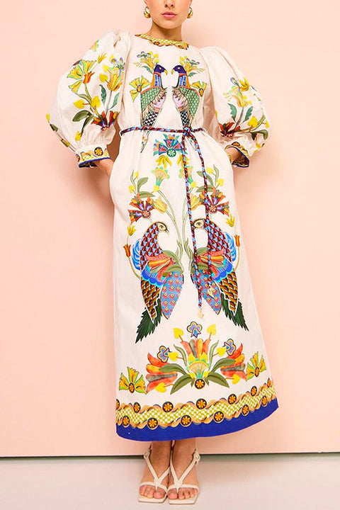 Meridress 3/4 Puff Sleeves Back Slit Birdie Printed Maxi Dress