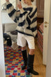 Meridress Lantern Sleeves Button Down Color Block Stripes Sweater with Scarf