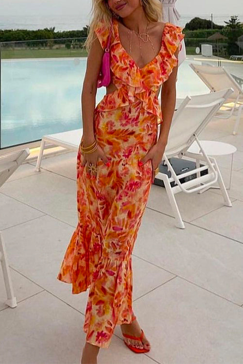 Meridress V Neck Cut Out Tie Back Printed Ruffle Maxi Dress