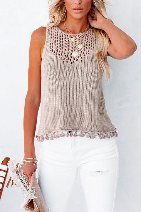 Meridress Hollow Out Splice Tassel Tank Top