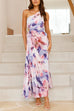 Meridress One Shoulder Sleeveless Cut Out Floral Print Pleated Maxi Dress