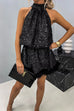 Meridress Halter Sleeveless Feather Hem Sequin Dress