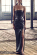 Meridress Strapless High Slit Faux Leather Bodycon Maxi Dress