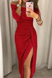 Meridress Off Shoulder High Slit Ruched Glitter Dress