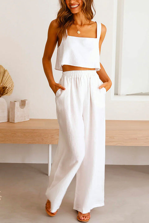 Meridress Square Collar Cami Crop Top Wide Leg Pants Cotton Linen Set