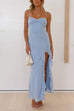 Meridress Spaghetti Strap Ruffle Slit Maxi Chiffon Dress