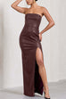 Meridress Strapless High Slit Faux Leather Bodycon Maxi Dress