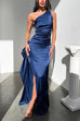 Meridress One Shoulder High Slit Satin Maxi Party Dress