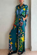 Meridress Cartoon Printed Rolled Up Sleeves Blouse Shirt Wide Leg Pants Holiday Set