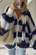 Meridress Lantern Sleeves Button Down Color Block Stripes Sweater with Scarf