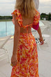 Meridress V Neck Cut Out Tie Back Printed Ruffle Maxi Dress