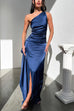 Meridress One Shoulder High Slit Satin Maxi Party Dress