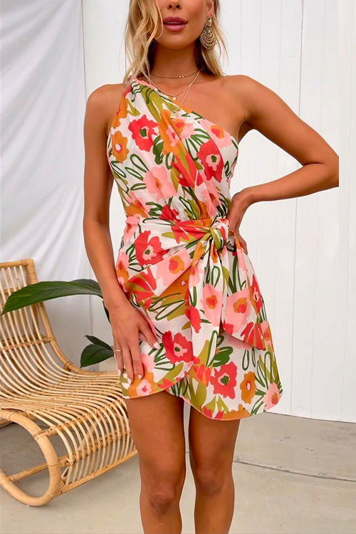 One Shoulder Wrapped Tie Waist Floral Printed Mini Dress