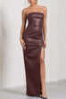 Meridress Strapless High Slit Faux Leather Bodycon Maxi Dress