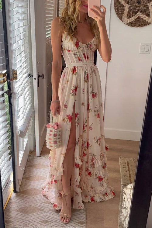 Meridress Spaghetti Strap Ruffle Layered Slit Dainty Floral Maxi Dress