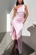 Meridress One Shoulder High Slit Satin Maxi Party Dress