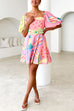 Meridress Puff Sleeves Backlesss Rio Print A-line Mini Dress