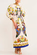 Meridress 3/4 Puff Sleeves Back Slit Birdie Printed Maxi Dress