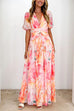 V Neck Puff Sleeves Ruched Waist Printed Maxi Dress