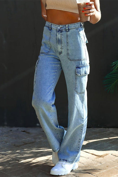 Meridress Distressed Pockets Denim Cargo Pants