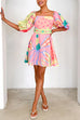 Meridress Puff Sleeves Backlesss Rio Print A-line Mini Dress