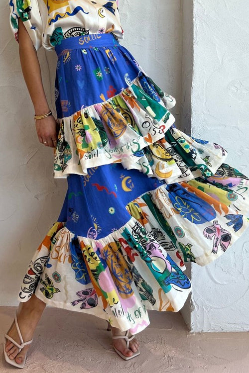 Meridress Graffiti Printed Ruffle Layered Skirt