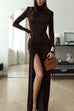 Meridress Turtleneck Ruched High Slit Maxi Party Dress