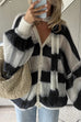 Meridress Lantern Sleeves Button Down Color Block Stripes Sweater with Scarf