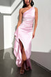 Meridress One Shoulder High Slit Satin Maxi Party Dress