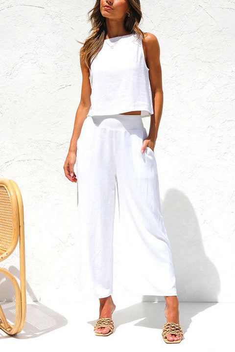 Meridress Buttons Tank Top and Pockets Wide Leg Crop Pants Set