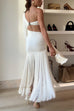 One Shoulder Cut Out Drape Fringed Maxi Dress