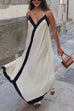 Meridress Spaghetti Strap V Neck Color Block Maxi Holiday Dress