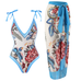 Meridress Floral Print V Neck Tie Shoulder One-piece Swimwear and Wrap Cover Up Skirt Set