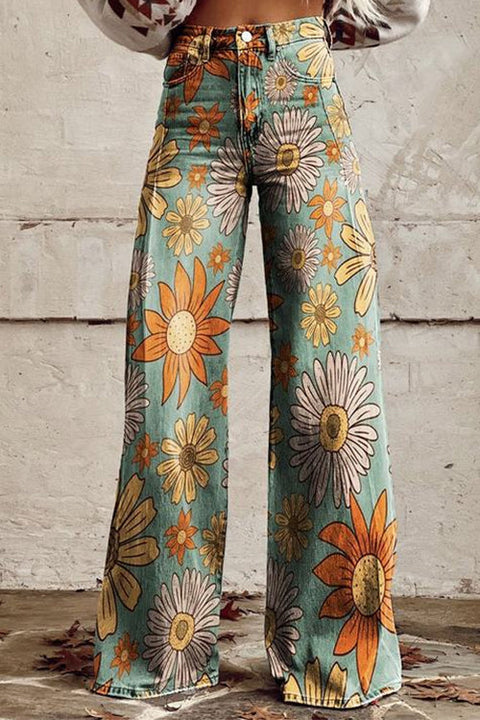 Meridress Vintage Floral Print Wide Leg Pants