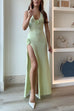 Meridress Halter V Neck Backless Slit Rose Applique Knit Maxi Dress