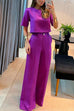 Meridress Crewneck Short Sleeve Crop Top Wide Leg Palazzo Pants Outfits Set