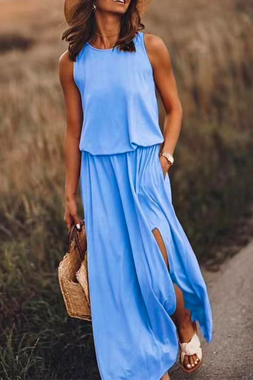 Meridress Sleeveless Waisted Slit Maxi Tank Dress