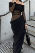 Meridress Off Shoulder Long Sleeves Mesh Splice Maxi Dress