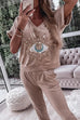 Meridress Sequin Pattern V Neck Short Sleeve Top with Pocketed Pants Casual Set