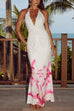 Meridress Halter V Neck Backless Ruched Flower Print Maxi Dress