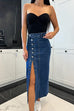 Meridress Button Down Slit Midi Denim Skirt