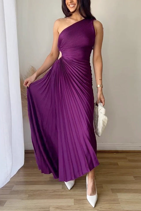 Meridress One Shoulder Cut Out Waist Solid Pleated Maxi Dress