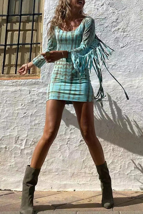 Meridress Tie Dye Long Sleeves Tassle Mini Dress