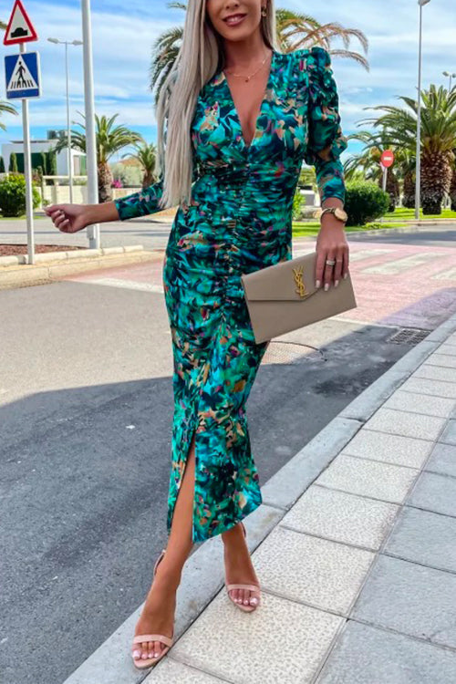 Meridress Deep V Neck Long Sleeve Ruched Slit Printed Bodycon Dress