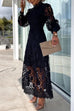 Meridress Mockneck Puff Sleeves Lace Hollow Out Mid Dress