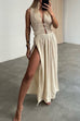 Meridress Deep V Neck Cut Out High Slit Cotton Linen Maxi Beach Dress