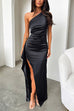 Meridress One Shoulder High Slit Satin Maxi Party Dress