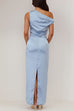 Meridress Asymmetric Shoulder Back Slit Waisted Maxi Dress