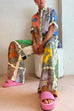 Meridress Rolled Up Short Sleeves Shirt Wide Leg Pants Graffiti Printed Set