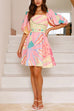 Meridress Puff Sleeves Backlesss Rio Print A-line Mini Dress